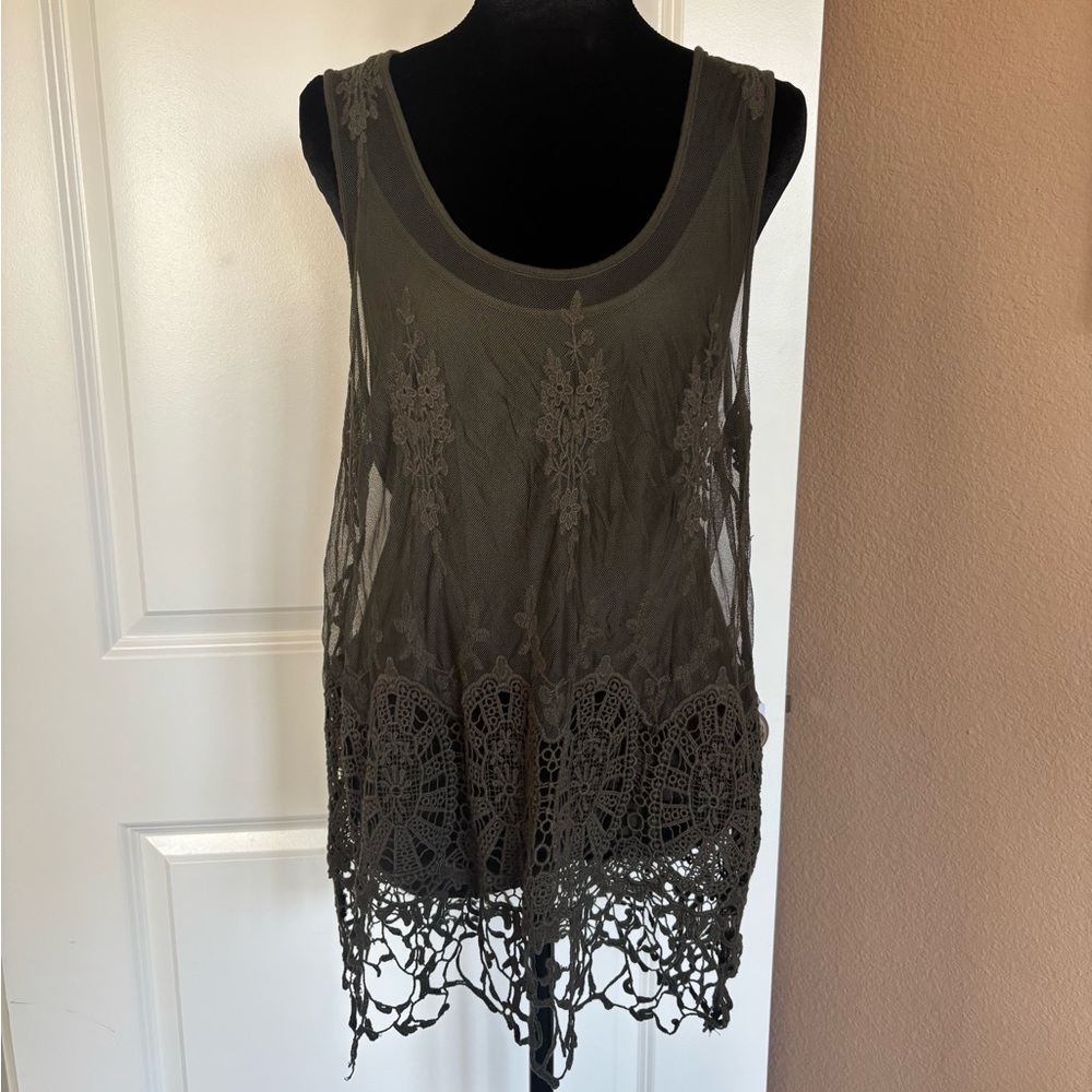 INC International Concepts Olive Crochet Hem Lace Tank